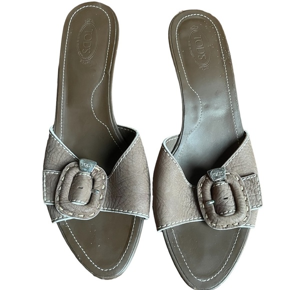 Tods Leather Kitten Heel Slide Sandals Taupe 8.5 - Picture 3 of 13